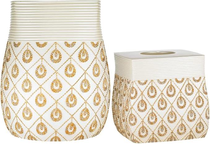 Zahari Home 2pc Seraphina Bathroom Set Waste Basket & Tissue Cover Modern Classic Decor Stylish Unique Design Beautiful White Bathroom Accessories Set - ModernBath