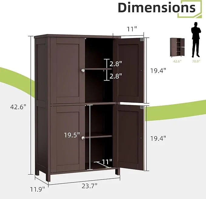 Vongrasig Floor Storage Cabinet, Small Bathroom Storage Unit with 4 Doors and Adjustable Shelves, Freestanding Modern Cabinet for Living Room, Entryway, Office, Reddish Brown - ModernBath