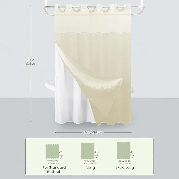 Inhousolu Extra Long No Hook Shower Curtain with Snap in Fabric Liner Set Waffle Weave 230GSM Weighted Hem, Waterproof & Washable Bathroom Curtain Spa Luxury with Mesh Top Window 72" W x 84" L Ivory - ModernBath