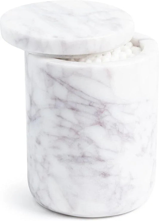 Cork & Mill Marble Bathroom Container with Lid - Holder for Qtip Swabs, Cotton Balls, Pads, Rounds, or Floss Picks - White Apothecary Jar for Q Tips - Canister for Organizing Bathroom Counter Vanity - ModernBath