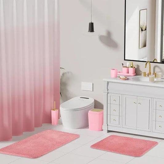 XLHOMO Bathroom Set - Pink Bathroom Sets with Shower Curtain and Rugs, 24PCS Shower Curtain Set with Hooks, Soap Dispenser, Soap Dish, Toilet Brush Holder and Trash Can for Housewarming - ModernBath