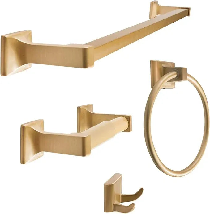 SENTO Cellar Classic Bathroom Accessories Set, Heavy Duty Metal Bath Hardware Set Wall Mounted, Includes Robe Hook, Standard Toilet Paper Holder, Towel Ring, 24” Towel Bar (4-Piece, Satin Brass) - ModernBath