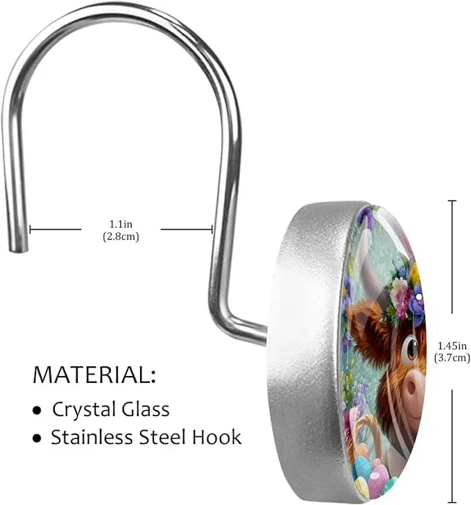 Easter Highland Cows and Florals Shower Curtain Hooks 12Pcs, Decorative Rust Resistant Shower Rings for Shower Curtain Rods, Stainless Steel Round Curtain Hooks for Bathroom, Bedroom, Farmhouse - ModernBath