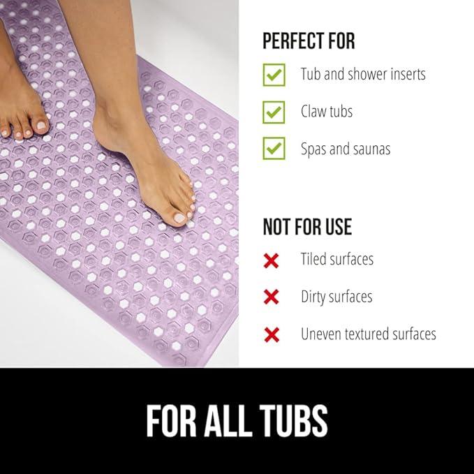 GORILLA GRIP Patented Bath Tub Shower Mat, Machine Washable Bathtub Floor Liner Mats, Suction Cups and Drain Holes to Keep Tubs Clean, Soft on Feet, Bathroom Essentials, 35x16 Inch, Clear Purple - ModernBath