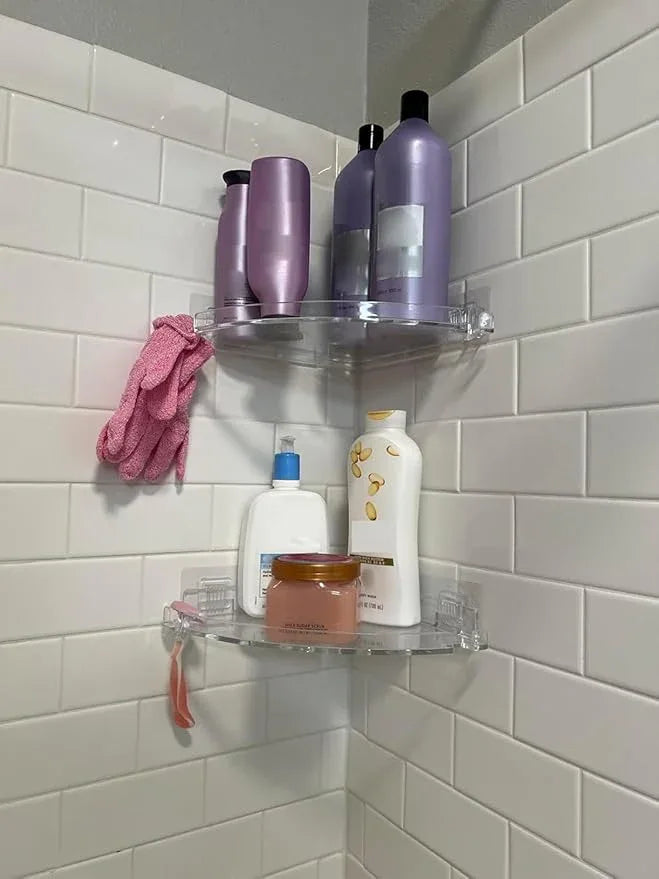 JiePai Acrylic Corner Shower Caddy Shelf with Hooks 2 Pack, Adhesive Wall Mounted Bathroom Shower Organizer for Inside Shower & Kitchen Storage, Space-Saving Design - ModernBath