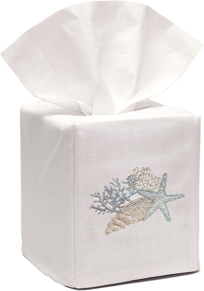 Jacaranda Living Square Tissue Box Cover, Linen/Cotton Fabric Tissue Holder, Decorative Cloth Tissue Cube Cover, Coastal Designs Shell Collection (Duck Egg Blue) - ModernBath