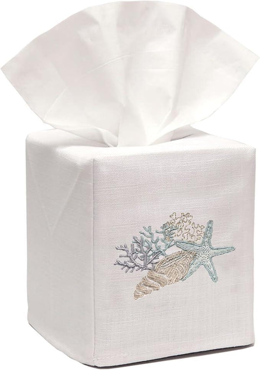 Jacaranda Living Square Tissue Box Cover, Linen/Cotton Fabric Tissue Holder, Decorative Cloth Tissue Cube Cover, Coastal Designs Shell Collection (Duck Egg Blue) - ModernBath