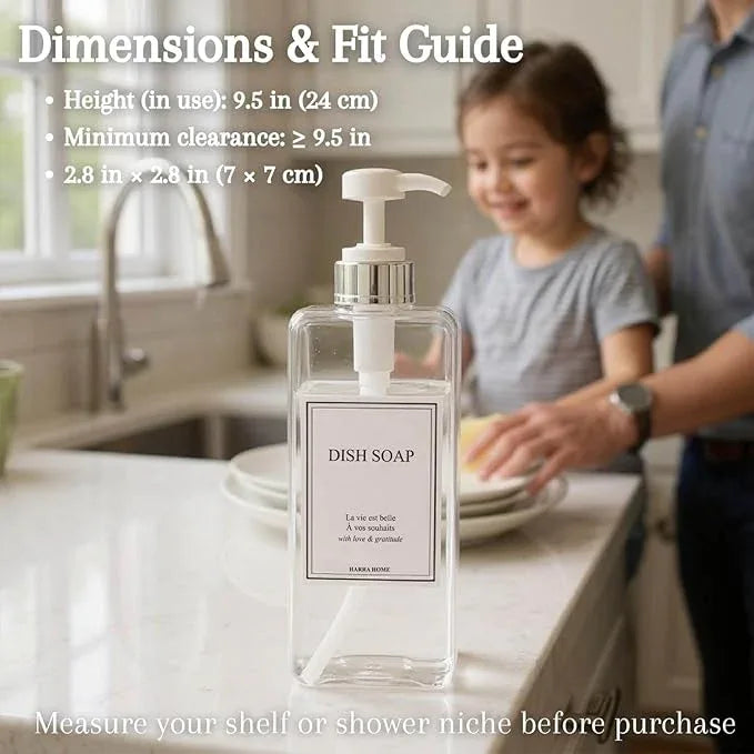 Modern Design Shampoo and Conditioner Dispenser, Large 27oz Shower Soap Dispenser, Set of 3 Refillable Empty Plastic Pump Bottles for Bathroom, 6 Waterproof Labels Included, (Clear & Silver) - ModernBath