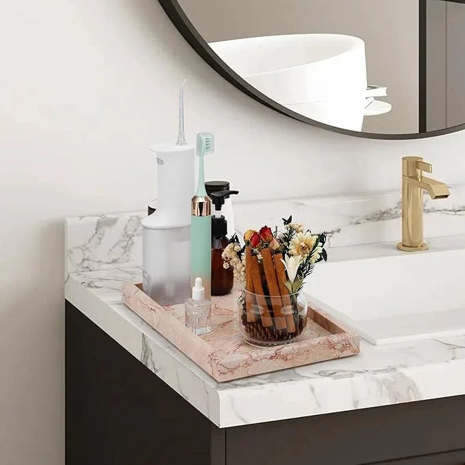 MULWR Marble Bathroom Tray,Pure Natural Vanity Tray,Marble Trays for Kitchen Counter Non-Ceramic/Non-Resin,Stone Tray 12 x 8 inch (Pink) ﻿ - ModernBath