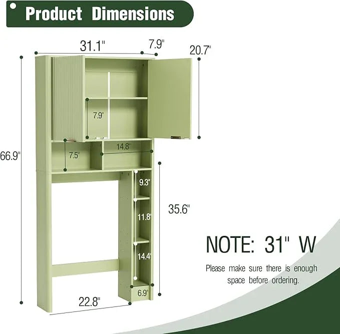 31" W Over The Toilet Storage Cabinet with Fluted Door, Green Bathroom Organizer with Adjustable Shelf, 67''H Tall Natural Toilet Paper Holder Stand Wave Door for Restroom, Laundry Room - ModernBath