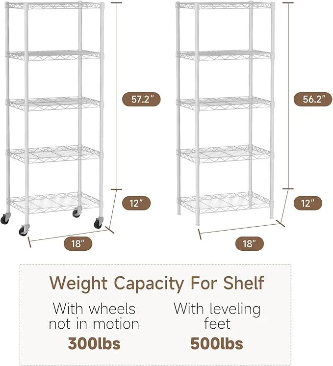 Small 5 Tier Shelves Storage Wire Shelving Unit Metal Shelf Adjustable Organizers Storage Shelving with Wheels for Bathroom Laundry Room Kitchen Pantry12”D x 18”W x 57.2”H White - ModernBath