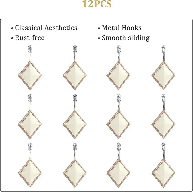 Decorative Beige Shower Hooks, 12-Pack with 5 Smooth-Glide Roller Balls, Rust-Resistant for Bathroom Bedroom Living Room Decor - ModernBath