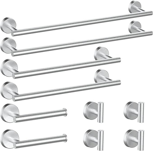 Newfun 10Pcs Brushed Nickel Bathroom Hardware Set - Includes 24&18inch Towel Bar, Robe Hook, Toilet Paper Holder, 2 Pack 5 Piece Bathroom Accessories Set Stainless Steel Wall Mounted