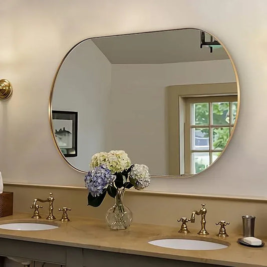 ANDY STAR Brushed Gold Bathroom Mirror, 48 x 30 Inch Oval Vanity Mirror, Brushed Brass Mirror for Wall in Stainless Steel Metal Frame 1’’ Deep Wall Mounted Horizontal/Vertical - ModernBath