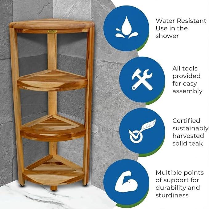 EcoDecors Corner Snazzy Corner Four Tier Natural Color Shelf Waterproof Teak Wood Shower Bench Stool Seat Chair For Inside Shower Provides Safety, Storage, and Organization For Bathroom Accessories - ModernBath
