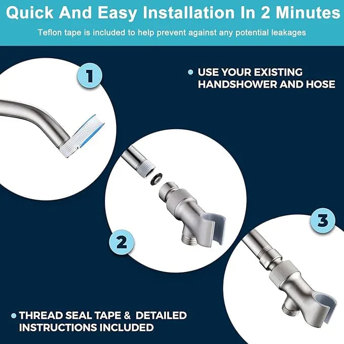 Shower Head Holder All Metal Adjustable Handheld Shower Arm Mount, 1/2" Shower Hose Holder Fits Most Hand Showerheads, Brass Hand Held Shower Head Holder , Easy to Install(Brushed Nickel) - ModernBath