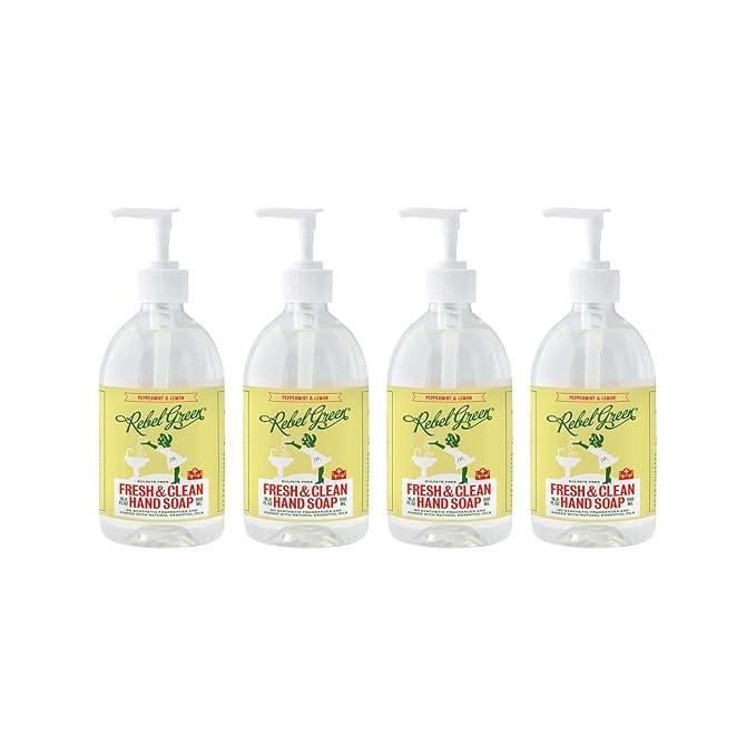 Rebel Green Liquid Hand Soap - Moisturizing Natural Bathroom & Kitchen Liquid Soap - Gentle Household Hand Wash (Peppermint and Lemon, 16.90 Fl Oz (Pack of 4)) - ModernBath