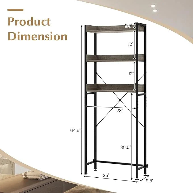 Tangkula Over The Toilet Storage, 3-Tier Toilet Rack Bathroom Space Saver with 4 Hooks & Adjustable Bottom Bar, Freestanding Bathroom Organizer Shelf Over Toilet for Restroom Balcony Laundry (Grey) - ModernBath