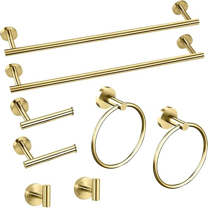 Cilee 8 Piece Brushed Gold Bathroom Hardware Set, 24inch Bathroom Towel bar+Towel Ring+Toilet Paper Holder+ Robe Towel Hook, SUS304 Stainless Steel Bathroom Accessory Set - ModernBath