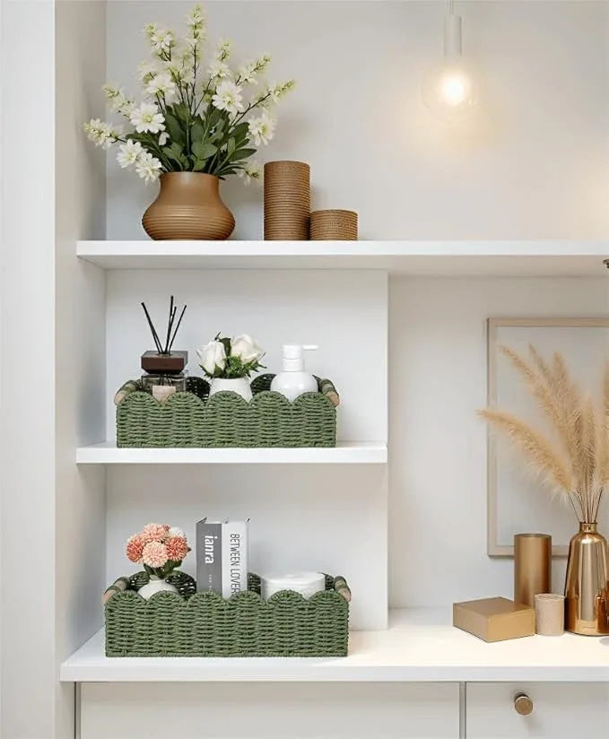 CubesLand Decorative Toilet Paper Storage Basket, Modern Farmhouse Home Decor Basket for Organizing, Scalloped Pantry Baskets for Shelves, Countertop, Living Room, w/Wood Handles, Green 2 Sizes - ModernBath