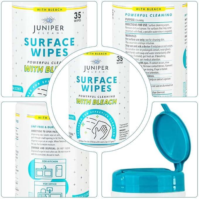 Juniper CLEAN 12 Pack Surface Cleaning Wipes with Bleach, All-Purpose Cleaner for Bathroom, Kitchen, Office, 420 Count Canister, 7.5" x 7" Sheet, Fresh Scent, Lint Free & Durable - ModernBath