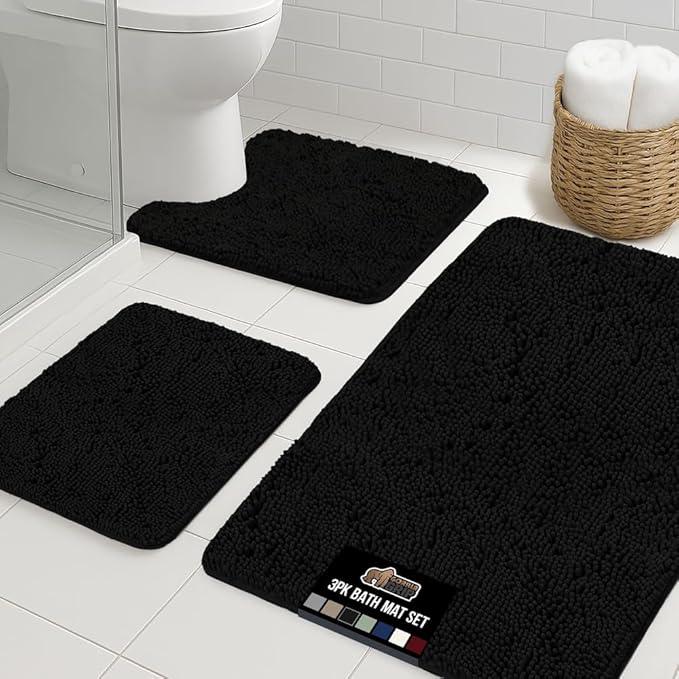 GORILLA GRIP Bathroom Rug Sets 3 Piece, Bath Mat Set and Oval Toilet Base with Rubber Backing, Plush Absorbent Shaggy Chenille Washable Mats, Includes 24x19.5, 24x17 and 36x24 Inch Rugs, Black - ModernBath