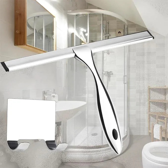 12'' Light Weight Stainless Steel Shower Squeegee for Glass Doors with 4 Pieces Set (1 Window Squeegee, 1 Door Hook and 2 Adhesive Hooks) Perfect Cleaning Tool for Car, Window, Bathroom Mirror - ModernBath