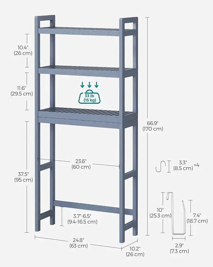 SONGMICS Over The Toilet Storage, 3-Tier Over Toilet Bathroom Organizer with Adjustable Shelf, 10.2 x 24.8 x 66.9 Inches, Space-Saving, Gray UBTS001G01 - ModernBath