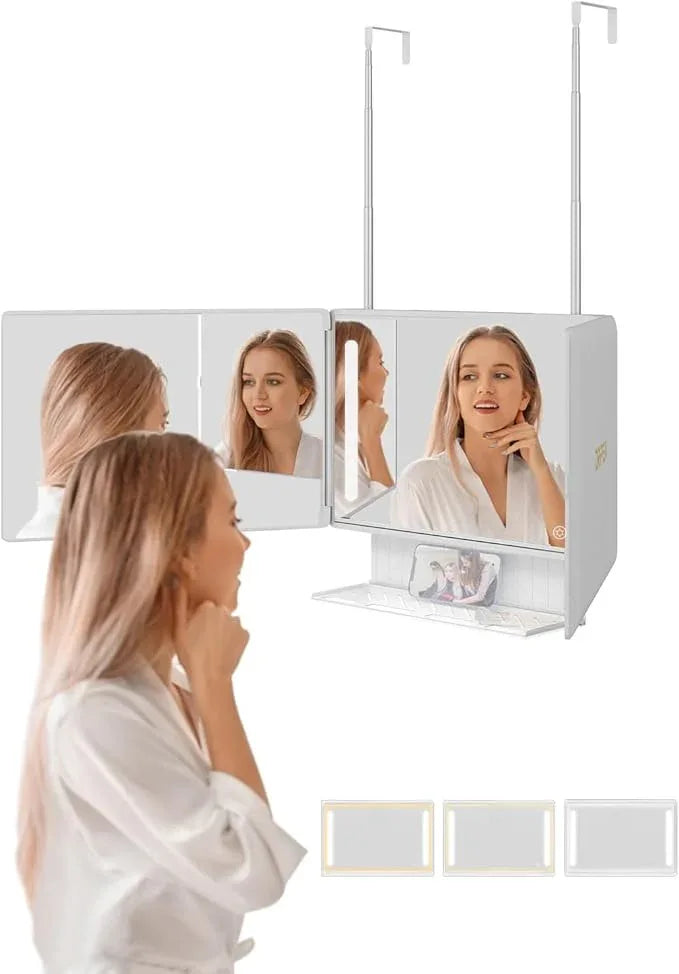 Dripex 3 Way Mirror with Storage Shelf and 3 Color LED Lights, Rechargeable Trifold Self Haircut 360° Mirror with Height Adjustable Hooks, for Makeup, Styling, Shaving, Braiding, Dye Hair (White) - ModernBath