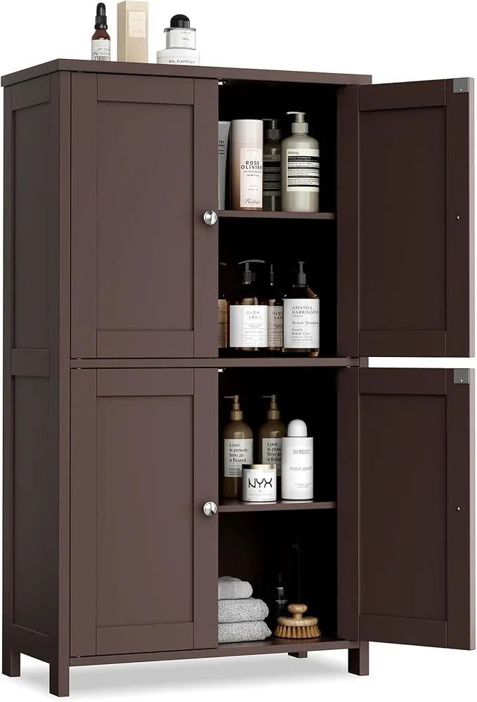 Vongrasig Floor Storage Cabinet, Small Bathroom Storage Unit with 4 Doors and Adjustable Shelves, Freestanding Modern Cabinet for Living Room, Entryway, Office, Reddish Brown - ModernBath