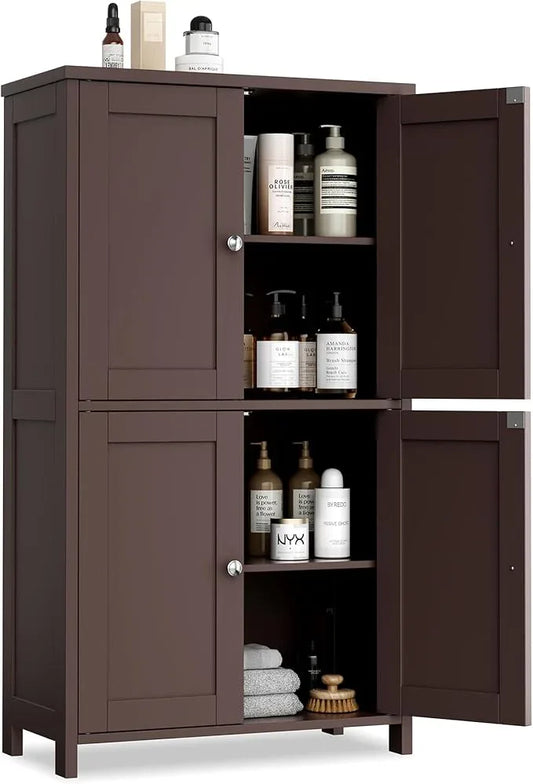 Vongrasig Floor Storage Cabinet, Small Bathroom Storage Unit with 4 Doors and Adjustable Shelves, Freestanding Modern Cabinet for Living Room, Entryway, Office, Reddish Brown - ModernBath