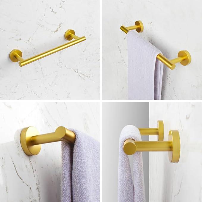 Gold 5-Pieces Bathroom Hardware Set Wall Mounted - Includes 24" Double Towel Bar, 12" Hand Towel Bar, Toilet Paper Holder, 2X Robe Towel Hooks - ModernBath
