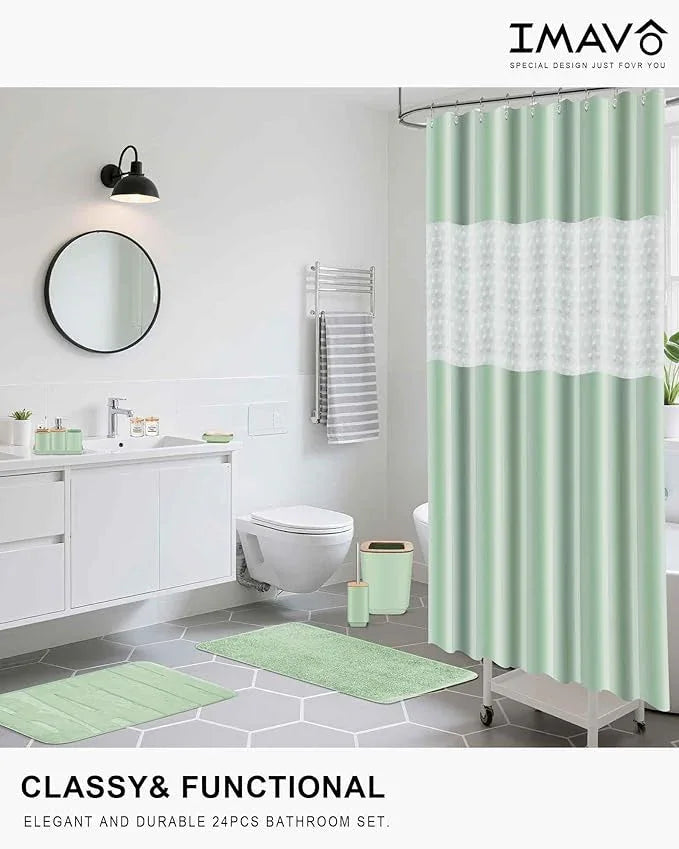 Bathroom Accessories Set,Green Bathroom Set,24 Pieces Bathroom Accessory Set with Shower Curtain,Trash Can for Bathroom Accessories Décor and Home Gifts - ModernBath
