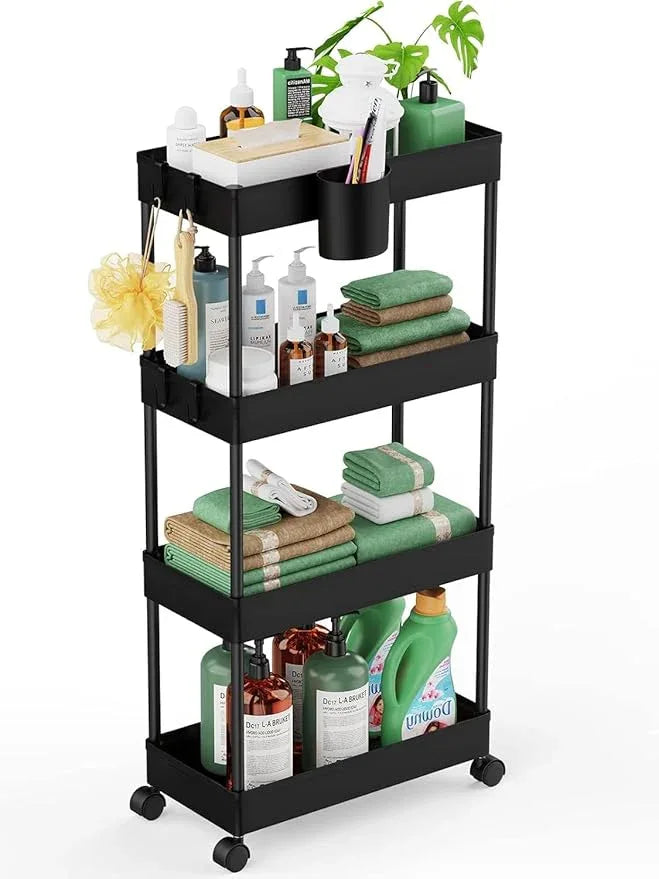 LEHOM Slim Rolling Storage Cart - 4 Tiers Bathroom Organizer Utility Cart Slide Out Storage Shelves Mobile Shelving Unit for Kitchen, Bedroom, Office, Laundry Room, Small Narrow Spaces（7.1" W+Black） - ModernBath