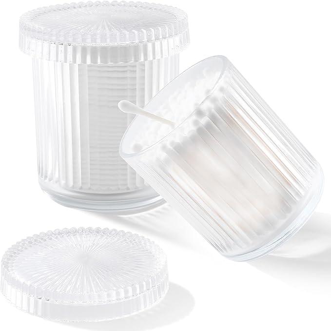 rejomiik Glass Qtip Holder Dispenser 2 Pack, Bathroom Canister Apothecary Jars with Lids, Vanity Makeup Accessories Storage Organizer for Cotton Swabs, Cotton Balls, Pads, Floss Picks, Clear - ModernBath