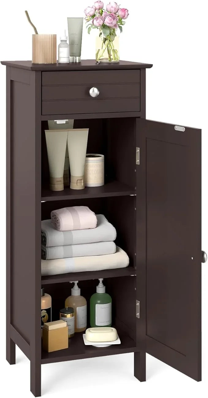 GLACER Floor Storage Cabinet, Multifunctional Freestanding Bathroom Storage Cabinet with 2 Adjustable Shelves, Ideal for Bathroom, Living Room, 14 x 12 x 34.5 inches (Brown) - ModernBath