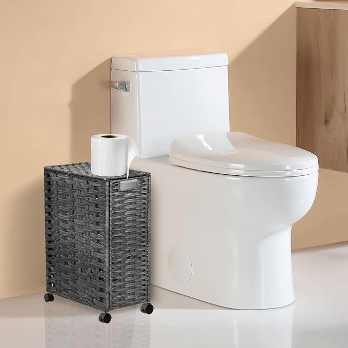 Hiagnete Toilet Paper Storage Basket with Lid and Wheels, Rattan Toilet Paper Holder Storage, Toilet Paper Organizer for Bathroom, Bedroom, Kitchen, 12.6”L x 7.1”W x 17.14”H, Grey - ModernBath