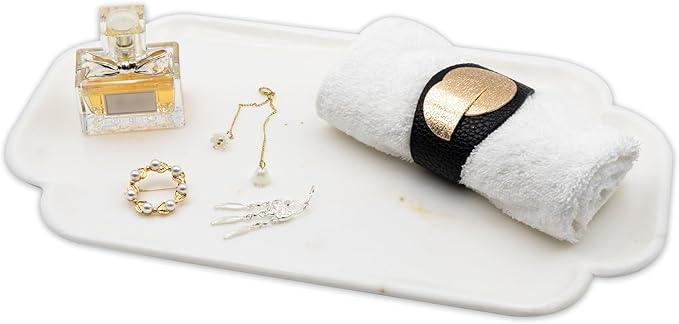 Marmor 100% Natural Marble Bathroom Tray for Perfume, Candles, Jewelry Stone Vanity, Bathroom & Kitchen Counter Organizer and Home Decor (Calacatta Gold Marble Lace Long Plate（14.2 * 7.9 * 0.7）) - ModernBath