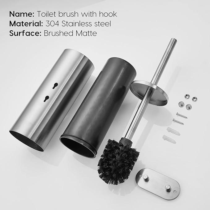 Brushed Stainless Steel Toilet Brush and Cover, No-Punch Hook Base Dual Purpose Toilet Brush Holder with Removable Inner Bucket and Splash Cover - Soft Bristles (Brushed) - ModernBath