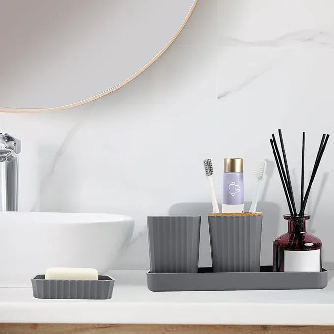 XLHOMO Grey Bathroom Accessories Set, 9 Piece Gray Bathroom Set, Bathroom Accessory Sets Compelete with Trash Can, Toothbrush Holder, Cup, Lotion Dispenser, Tray, Soap Dish, Toilet Brush, Qtip Holders - ModernBath