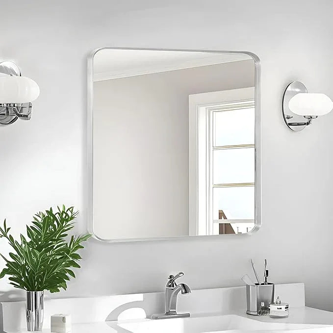 Minuover Wall Mount Mirror for Bathroom, Brush Silver Metal Framed Rounded Corner Square Rectangular Vanity Mirror (30" x 30", Silver) - ModernBath