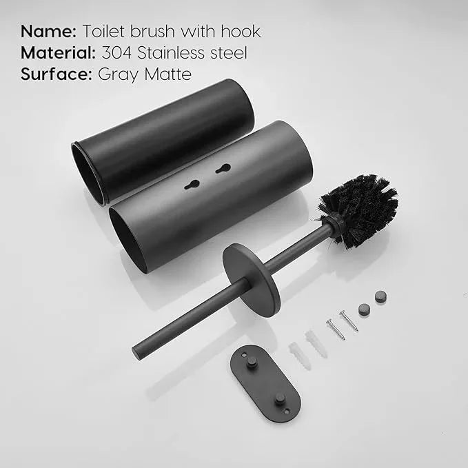 Stainless Steel Toilet Brush and Holder Set, No-Punch Hook Base Dual Purpose Toilet Brush Holder with Removable Inner Bucket and Splash Cover - Soft Bristles (Gray) - ModernBath