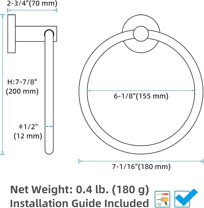 APLusee Round Hand Towel Ring for Bathroom Wall, Solid Stainless Steel Wall Mounted Bathroom Towel Holder, Modern Matte Black - ModernBath