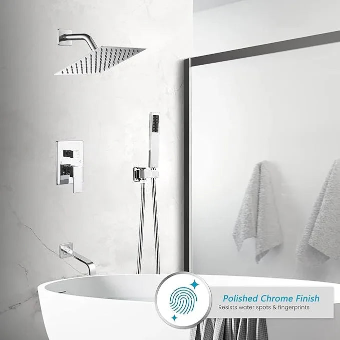 Heable Chrome Shower System Bathroom Shower Faucet Set with Tub Spout Wall Mounted 8 Inch Shower Head and Handle Set with Handheld 3 Function Tub and Shower Trim Kit with Rough-in Valve - ModernBath