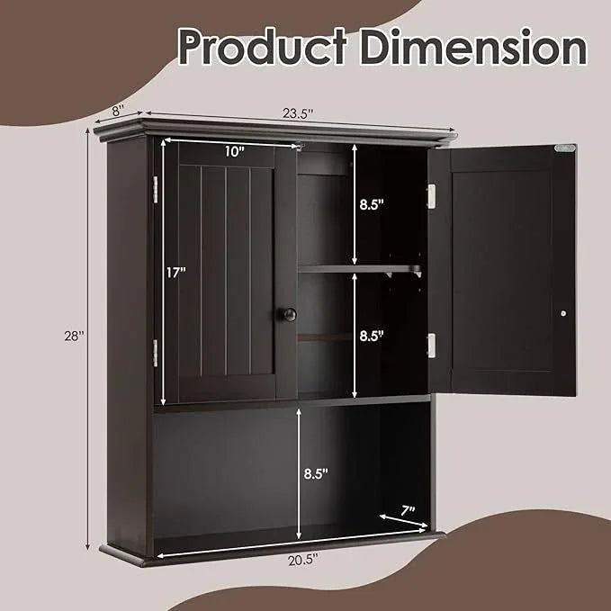 Tangkula Wall Mount Bathroom Cabinet Wooden Medicine Cabinet Storage Organizer with 2-Doors and 1-Shelf Cottage Collection Wall Cabinet (Espresso) - ModernBath