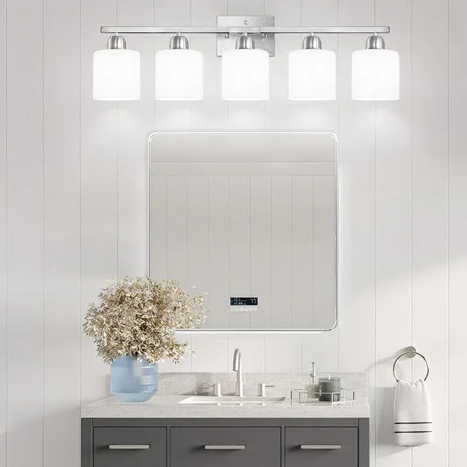 FAISHILAN 5 Light Bathroom Light Fixtures Brushed Nickel, Bathroom Vanity Light with Milky White Frosted Glass Shade, Vanity Lights for Mirror Bedroom Living Room E26 Base - ModernBath
