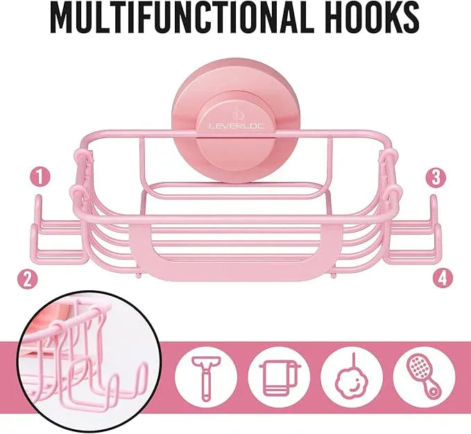 LEVERLOC Soap Holder Dish with Hooks for Shower, Bar Suction Cup Soap Tray Wall Mounted, Rustproof Stainless Steel Sponge Holder Caddy for Bathroom Bathtub Kitchen Sink, Pink - ModernBath
