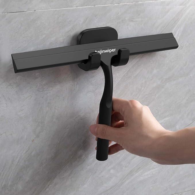 Anjinwiper Household Squeegee for Shower Glass Doors, Silicone Shower Squeegee with Adhesive Hook, Bathroom Squeegee for Shower, Window Cleaner Tool for Glass Door, Kitchen, Tile Wall(10 inch-Black) - ModernBath