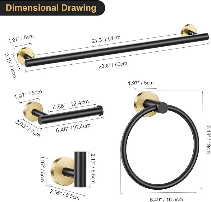 Lairuier 5 Pieces Black Gold Bathroom Accessories Set, 23.6 Inch Bath Towel Bar Set, SUS304 Stainless Steel Bathroom Hardware Set Round Toilet Paper Holder Set Wall Mounted - ModernBath