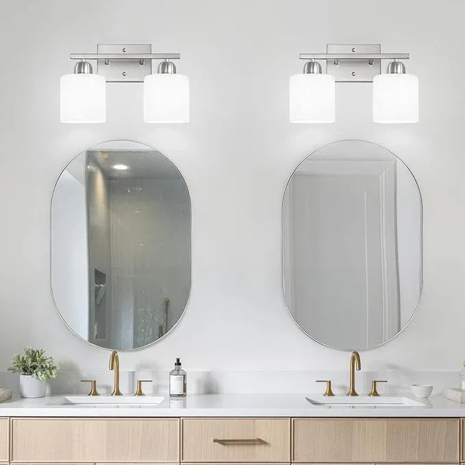Brushed Nickel Bathroom Light, 2 Light Bathroom Vanity Light Brushed Nickel, Vanity Lamp with Milky White Frosted Glass Shades, E26 Socket - ModernBath